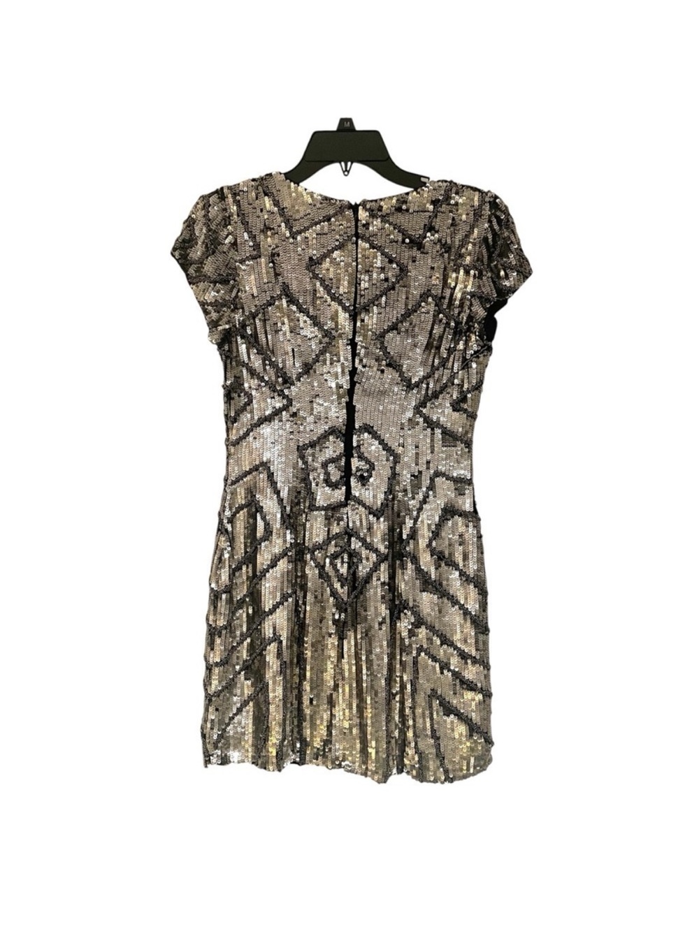 PARKER Gold Sequin V-Neck Geometric Silk Dress - Picture 2 of 4